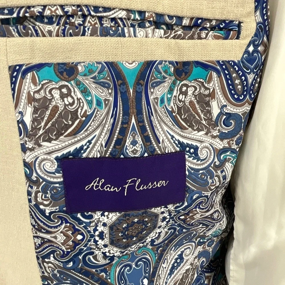 Alan Flusser Mens Tan Linen Blend‎ 2 Button Sport Coat Blazer Paisley Lining M
